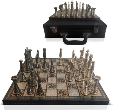 Collectible Metal Brass Chess Set Tribal Warli Art in Leather Storage Box. (12 X 12 in)