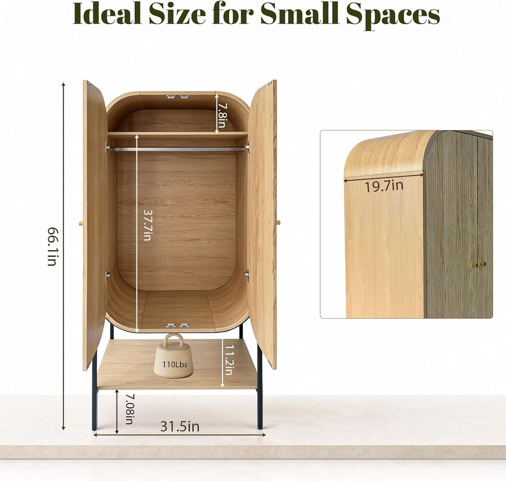 Arched Armoire Wardrobe Closet, Modern Wood Bedroom Clothing Storage Cabinet with Fluted Doors, 66" Tall Standing