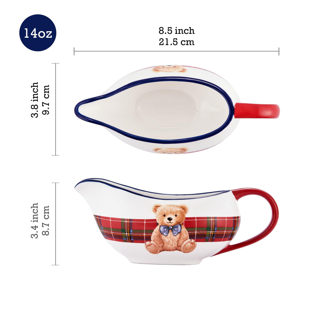 Blue Ribbon Teddy Bear 14oz Gravy Boat with Large Handle, Ceramic Sauce Boat for Creamer, Salad Dressings, Broth