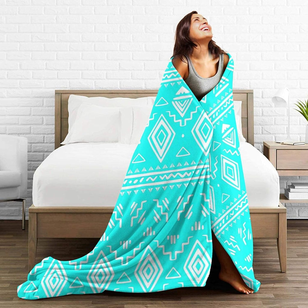 Turquoise Teal Western Boho Tribal Throw Blanket Gifts for Women, Soft Fuzzy Warm Cozy Flannel Blankets, Travel