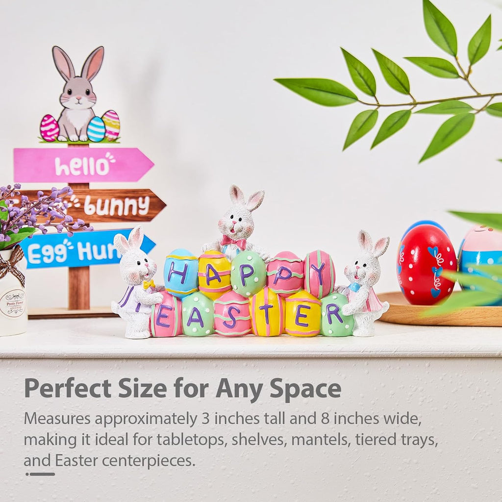 3 Bunny Holding Eggs and Happy Easter Decorations, Resin Easter Bunny Rabbits Figurine Tabletop Centerpiece