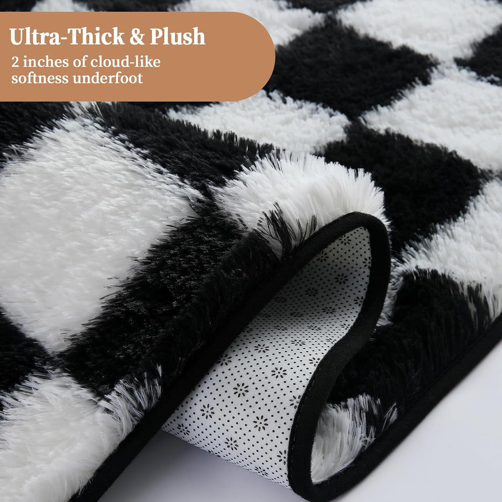 Checkered Shag Area Rug 5'x8', Black and White Plush Rug, Non-Slip Soft Carpet Nursery, Modern Floor Decor with Grid