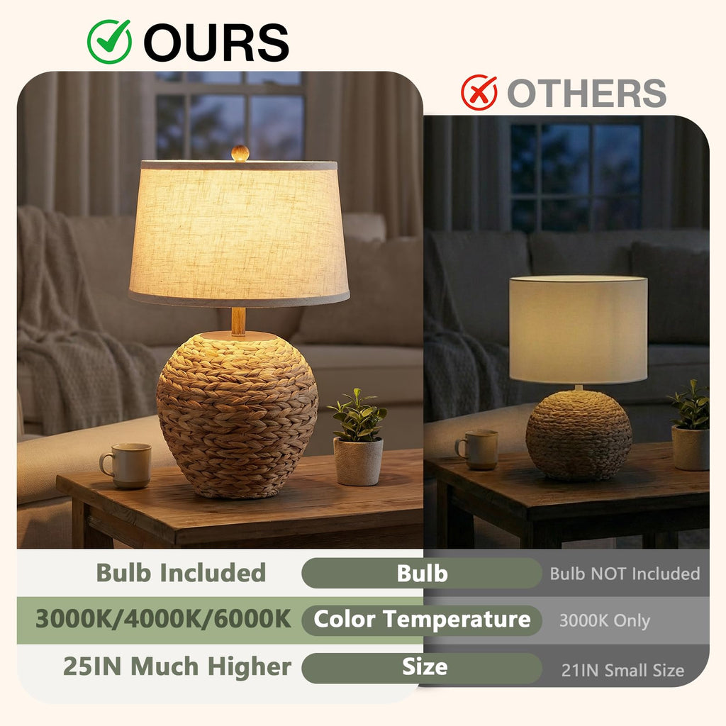 25'' Rattan Table Lamp, Coastal Boho Wicker Lamp with 3 Color Temperatures, Farmhouse Rustic Seagrass Woven Basket