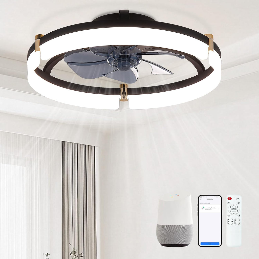 Smart Ceiling Fans with Lights Remote - 20'' WiFi Alexa Flush Mount Low Profile Modern Ceiling Fans - Stepless Color