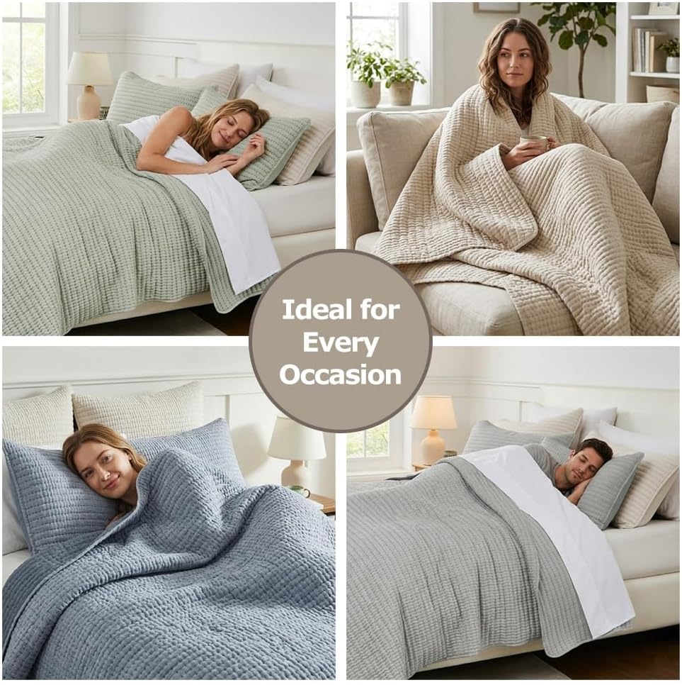 Beige Pick Stitch Queen Quilt Set, Striped Lightweight Soft Summer Spring Bedspread, Bamboo Linen Like Textured
