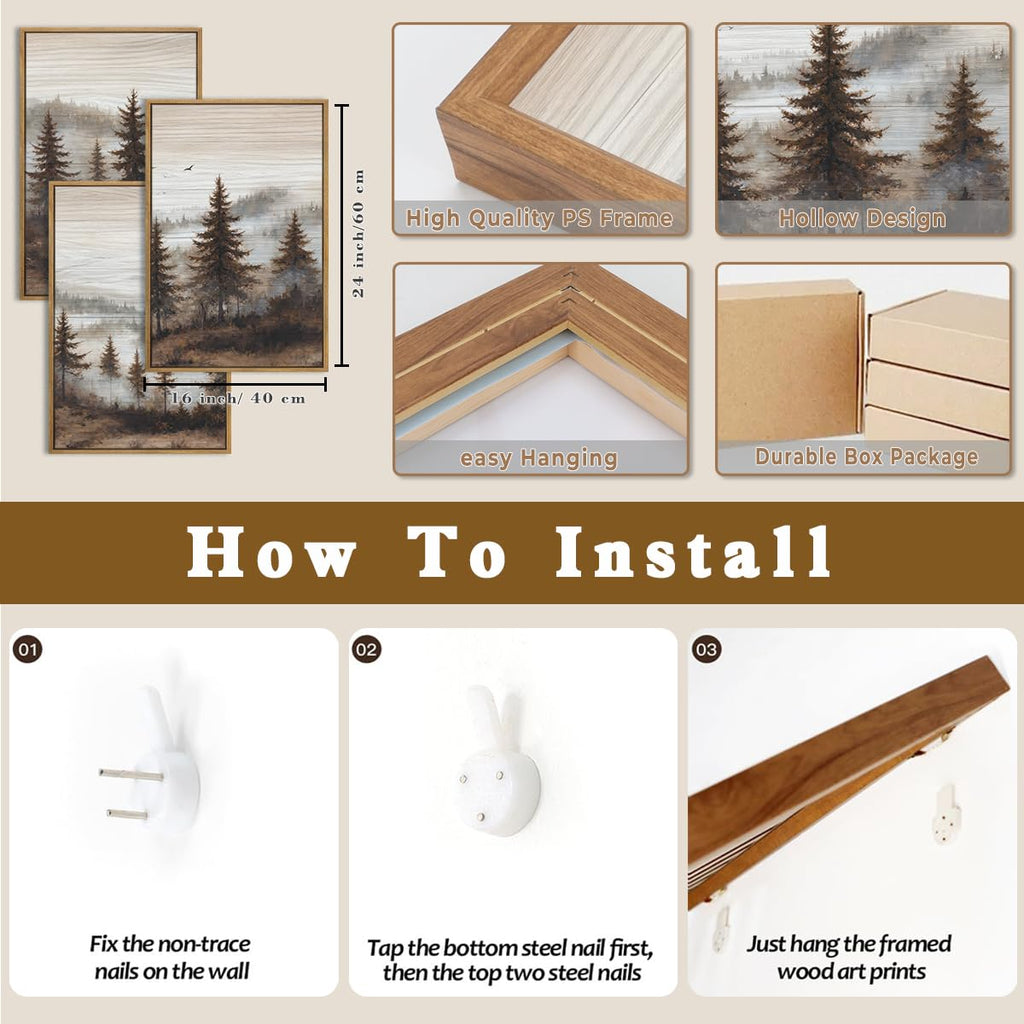Large Foggy Pine Tree Mountain Framed Canvas Wall Art Set-16"x24"x3