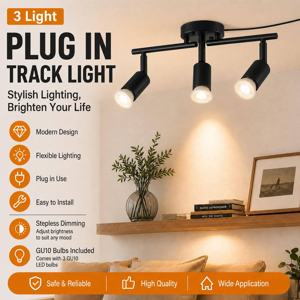 Dimmable Plug in Track Lighting,Plug in Ceiling Light Fixture,Balck 3 Light Track Light with 16.4' Long Cord,Dimming