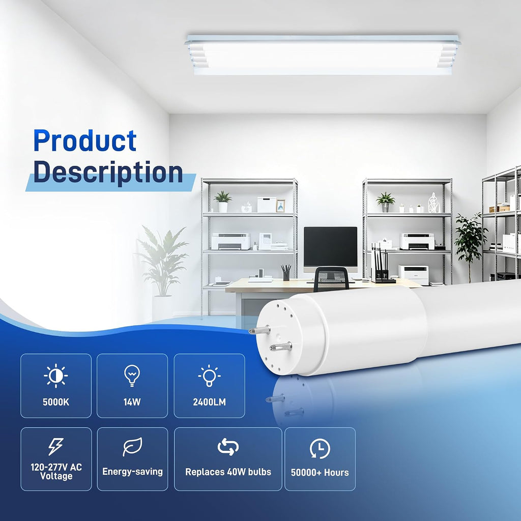T8 LED Bulbs 4 Foot, 172LM/W 14W 2400LM 5000K Ballast Bypass Type B DLC 6.0