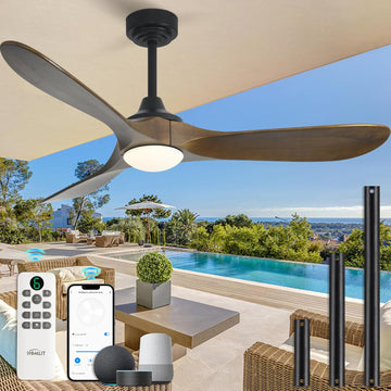Inspired Maverick Style 52" Outdoor Ceiling Fan with Light and Remote via WIFI Alexa, 3 Solid Wood Blade, Noiseless