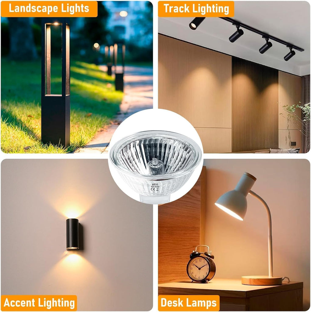 MR16 Halogen Bulbs 50W,6 Pack 12V 50W MR16 Light Halogen Bulbs 2 Pin GU5.3 Base Dimmable with Clear Glass Cover,High