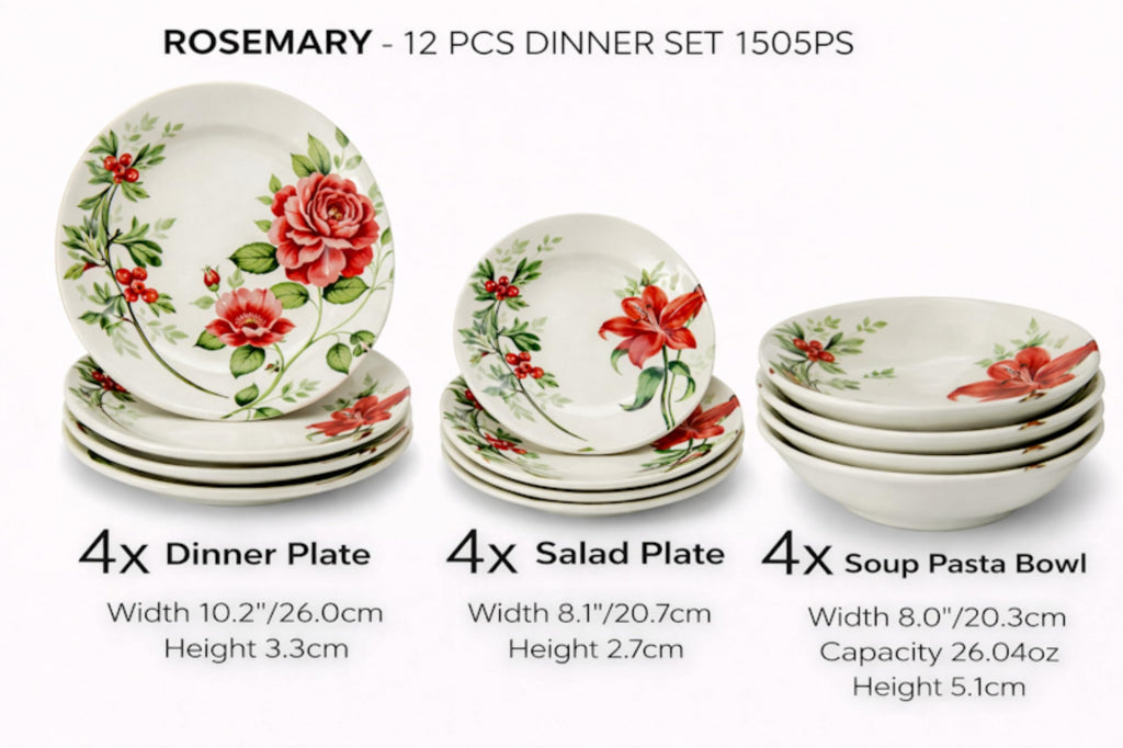 12-Piece Round Porcelain Dinnerware Set, Service for 4, Rosemary, Summer Flowers, Plates Bowls Dishes, Glossy
