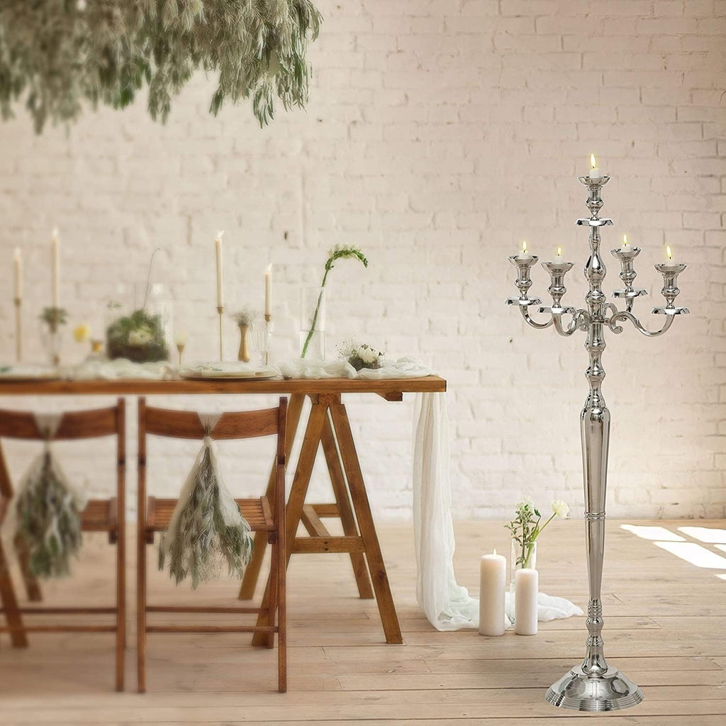 Romantic Hamptons Oversized 5 Candle Silver Candelabra | Hand Crafted Silver Aluminum Nickel, 41.25 Inches High, Over