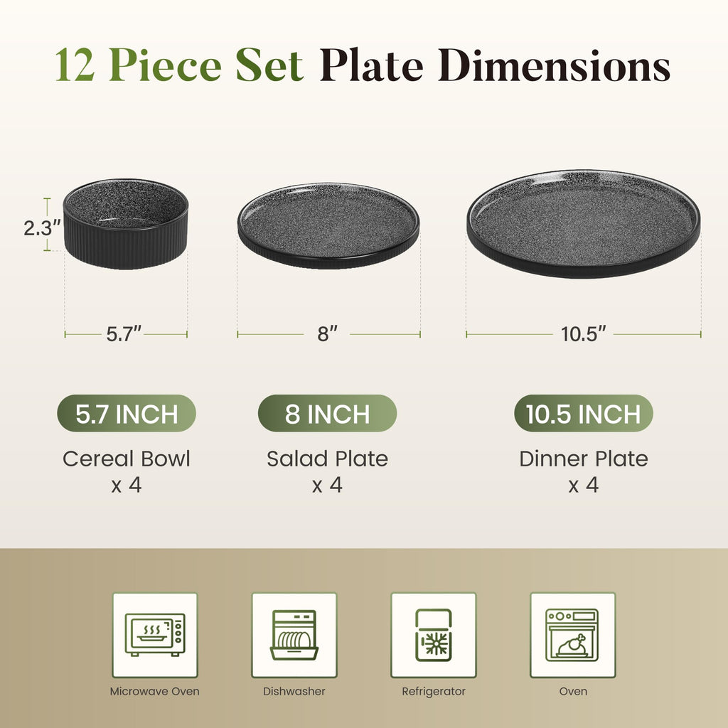 Stoneware Dinnerware Set for 4, Ribbed Plates and Bowls