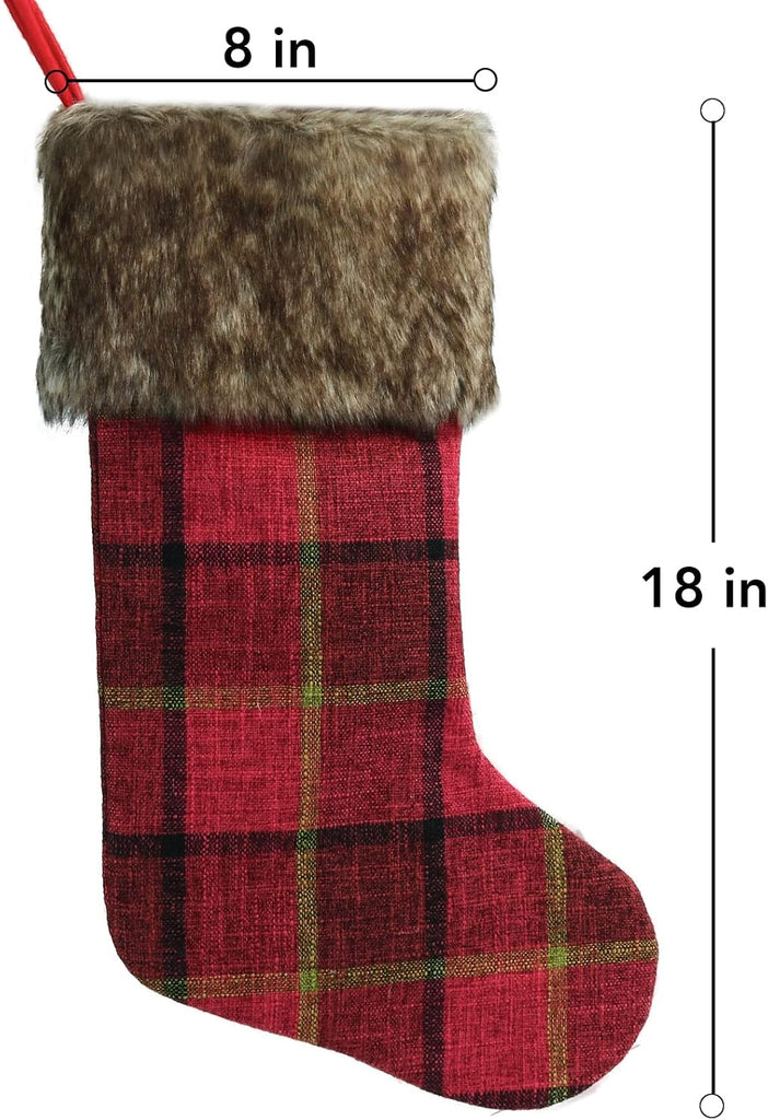 Chirstmas Stockings, 18 Inches 4 Pack Rustic Xmas Stockings with Burlap Buffalo Plaid and Plush Faux Fur, Holiday