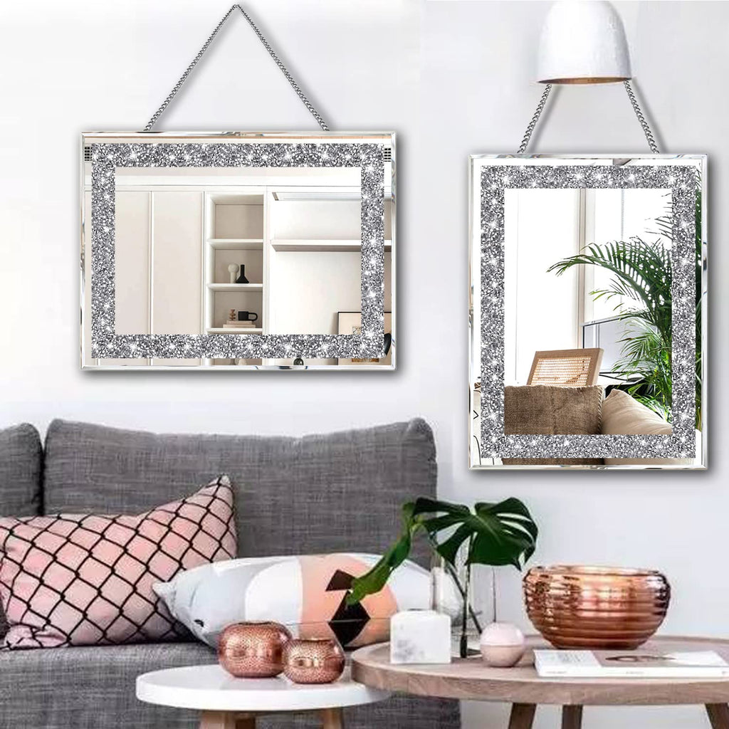2 Piece Wall Mirrors, Crush Diamond Wall Décor Silver Decorative Mirrors . (11"x15")