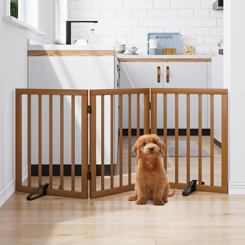 Freestanding Pet Gate Foldable Dog Gate (55 inches Wide) Walnut Bamboo Dog Gates for Stairs Doorways House (2 Support
