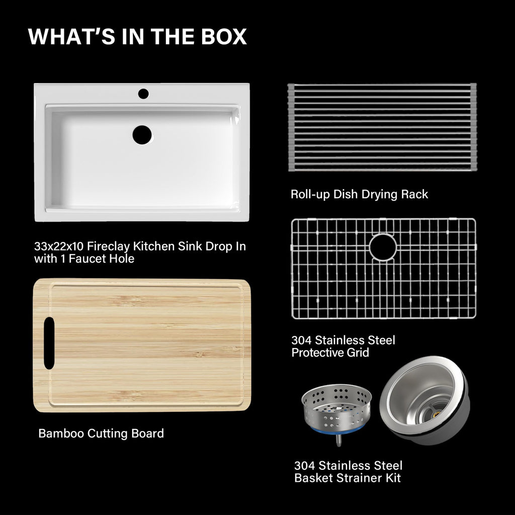 33 x 22 Inch Drop In Fireclay Workstation Kitchen Sink White 1 Hole