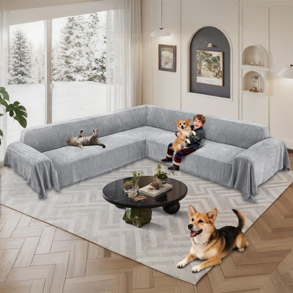 1OO% Waterproof Corner Sectional Couch Covers L Shape Chenille Sectional Sofa Cover with Tassel Soft Thick Washable
