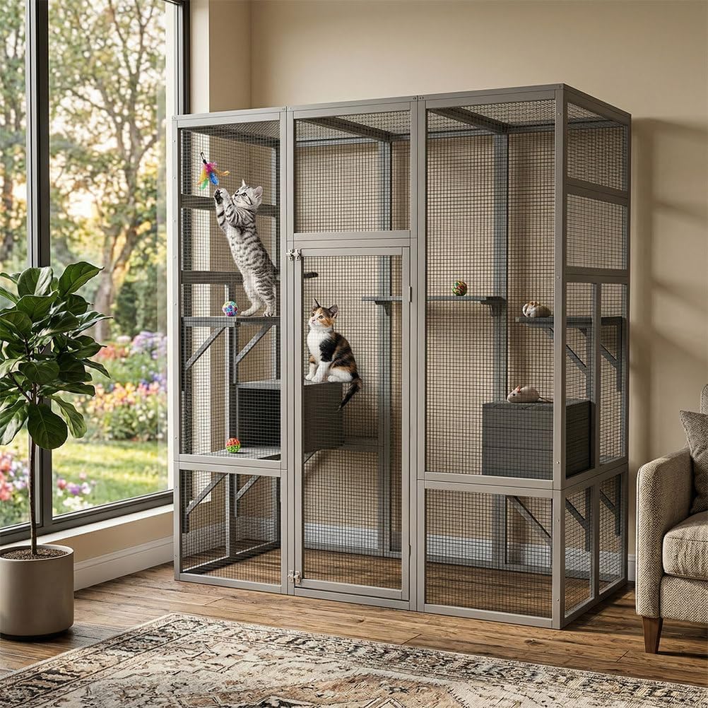 70 Inch Catio Outdoor Cat Enclosure, Large Wooden Cat House with 5 Platforms and 2 Napping Houses, Waterproof UV