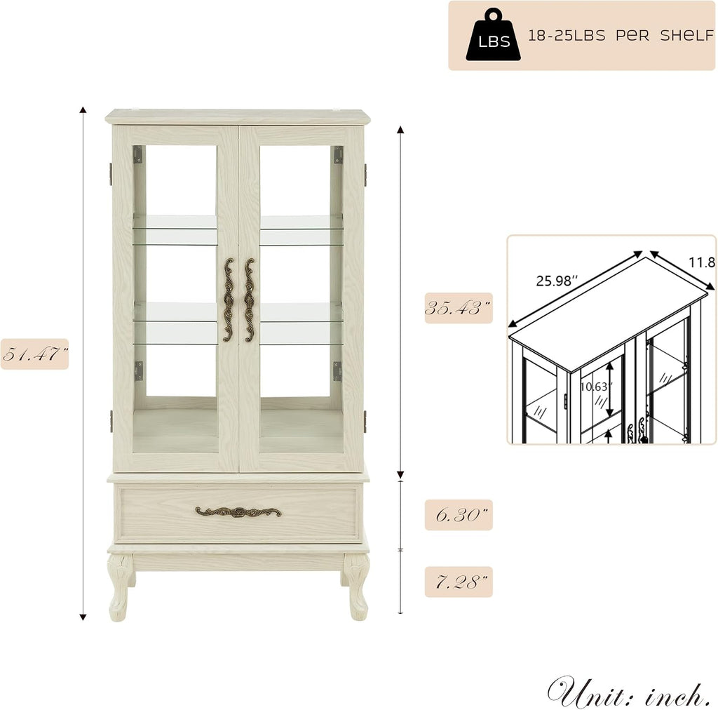 52" Lighted Accent Curio Cabinet, 3-Tier Antique Storage Cabinet with Tempered Glass Adjustable Shelves & Drawer