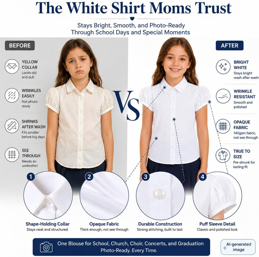 White Wrinkle-Free Girls Blouse: School Uniform Cotton Shirt