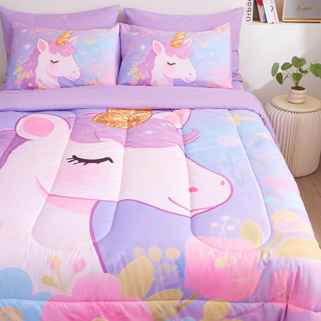 Twin Comforter Set for Girls 5 Piece Unicorn Bedding Set for Girls Super Soft Microfiber Bed Set Bed in a Bag with