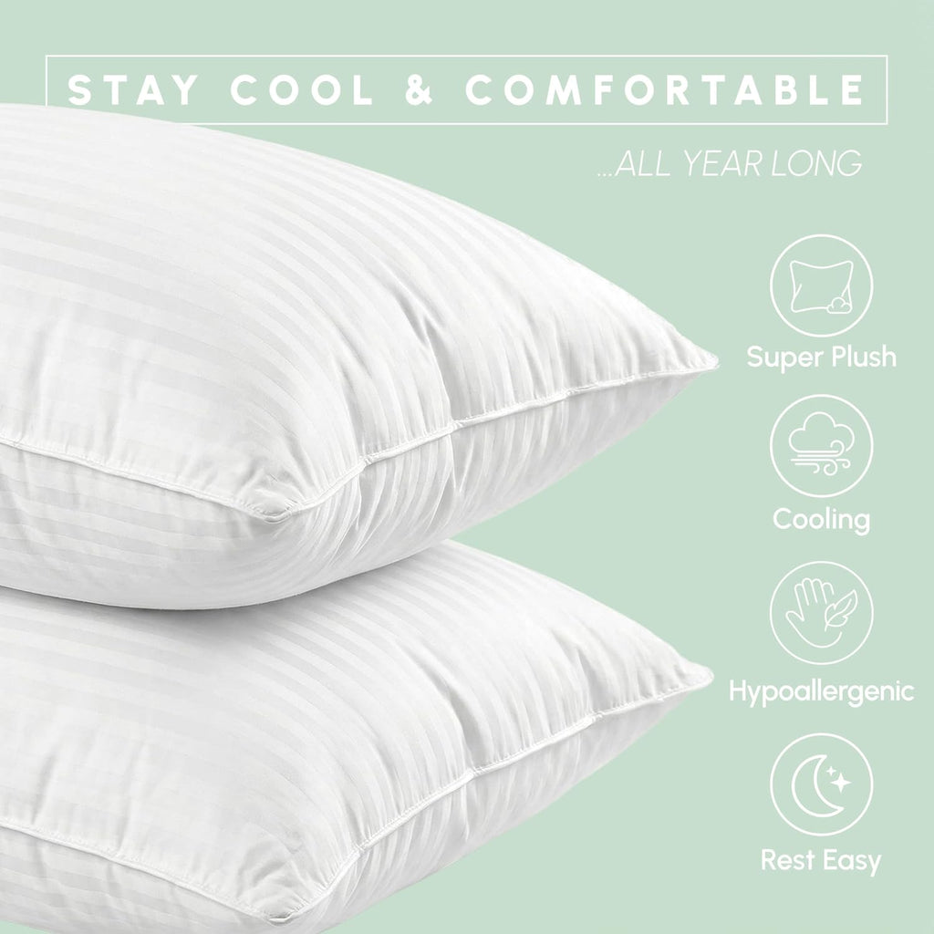 100% Cotton Shell Stripe Standard/Queen Size Set of 2 Pillows, Super Plush Cooling Gel Filling Hotel Quality Down