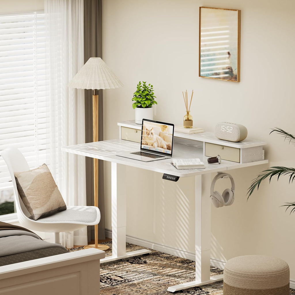 47x28 in Electric Standing Desk with Drawers, Adjustable Table, White