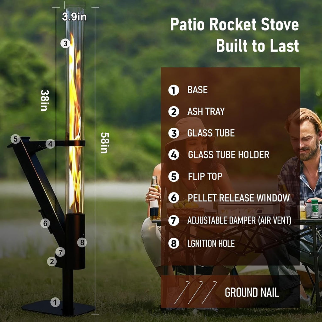 New Rocket Stove 58 Inch, Smokeless Wood Pellet Patio Heater, Wood Pellet Fire Pits for Outside, Portable Pellet Heater