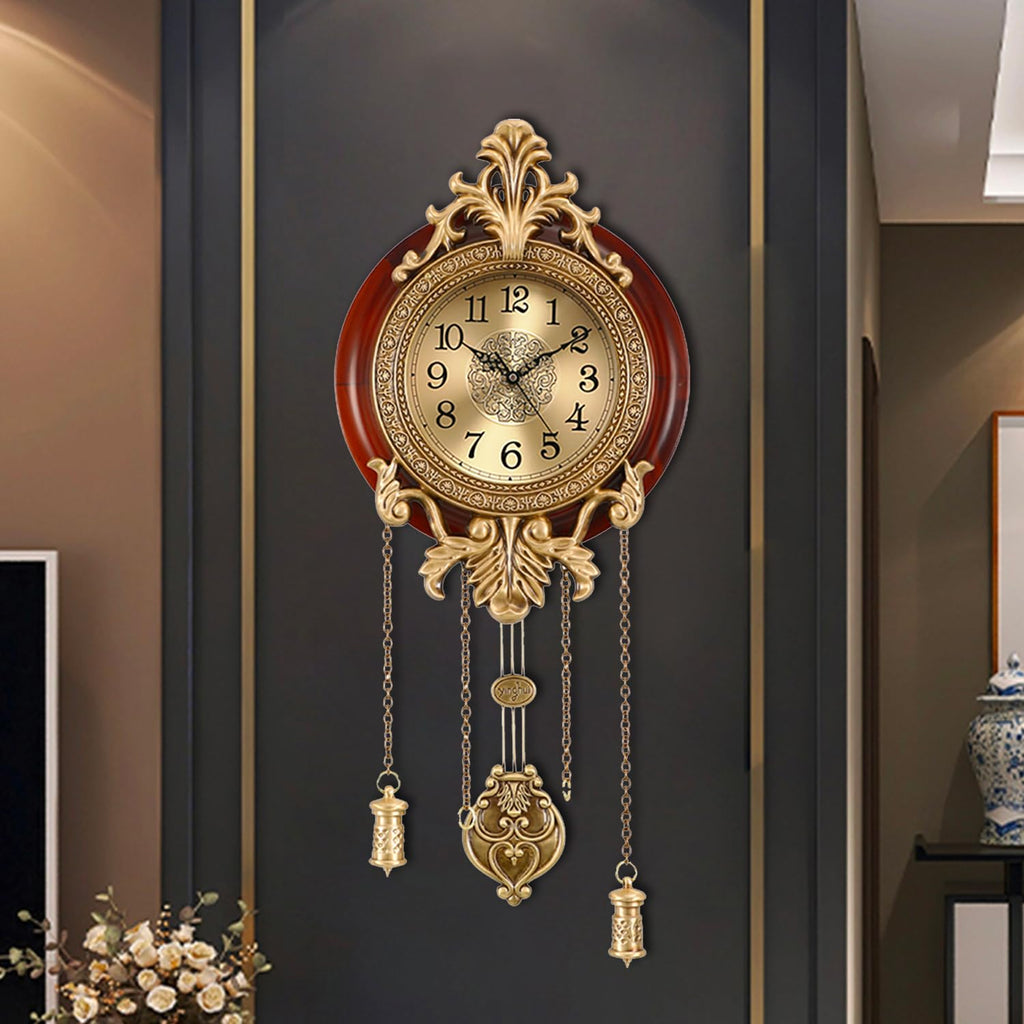 Brown Vintage Pendulum Wall Clock, Solid Wood Hanging Clock, Silent Non Ticking Quartz Movement, Analog Watch Kitchen