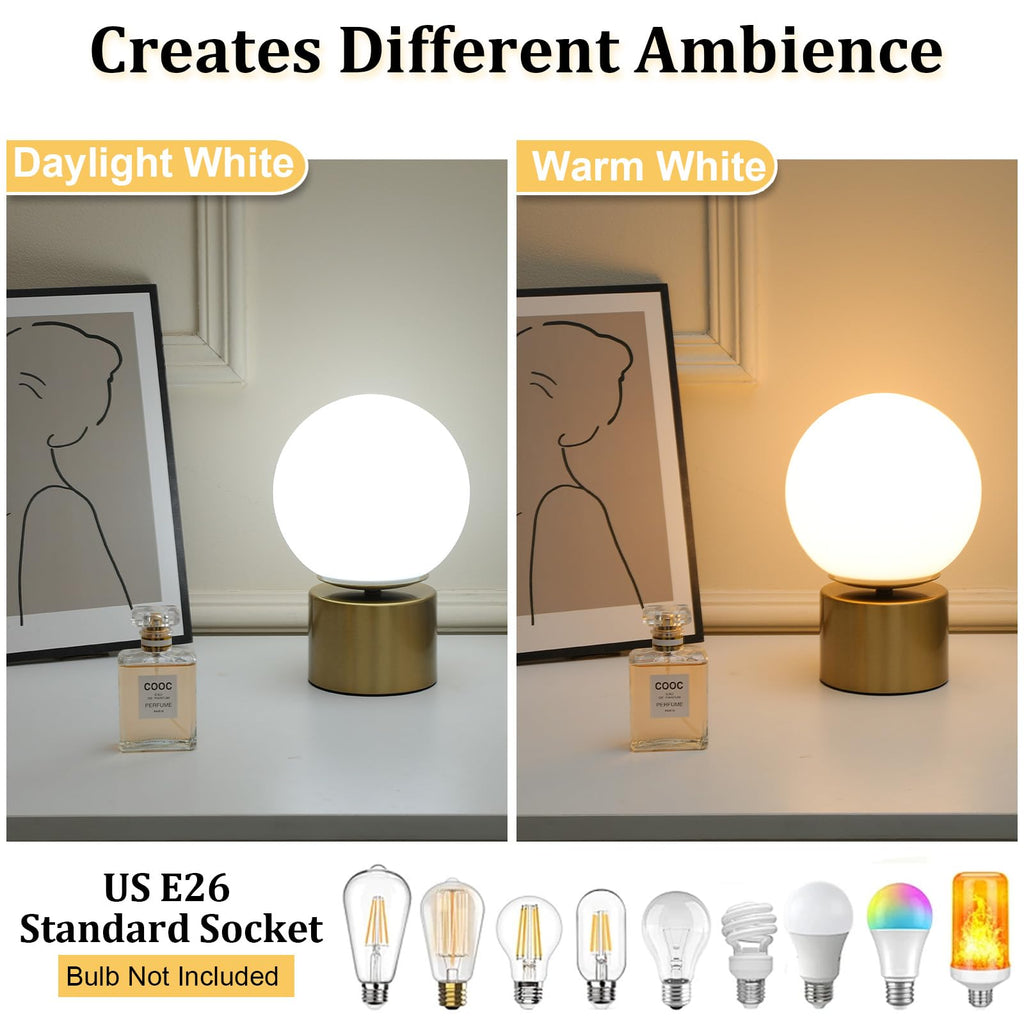9 Inch Modern Gold Globe Table Lamp, Vintage Mid Century Round Table Lamp with Milk White Glass Shade Metal Base