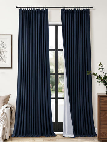 Navy Blue Pinch Pleated Linen Blackout Curtains 84 inches Long
