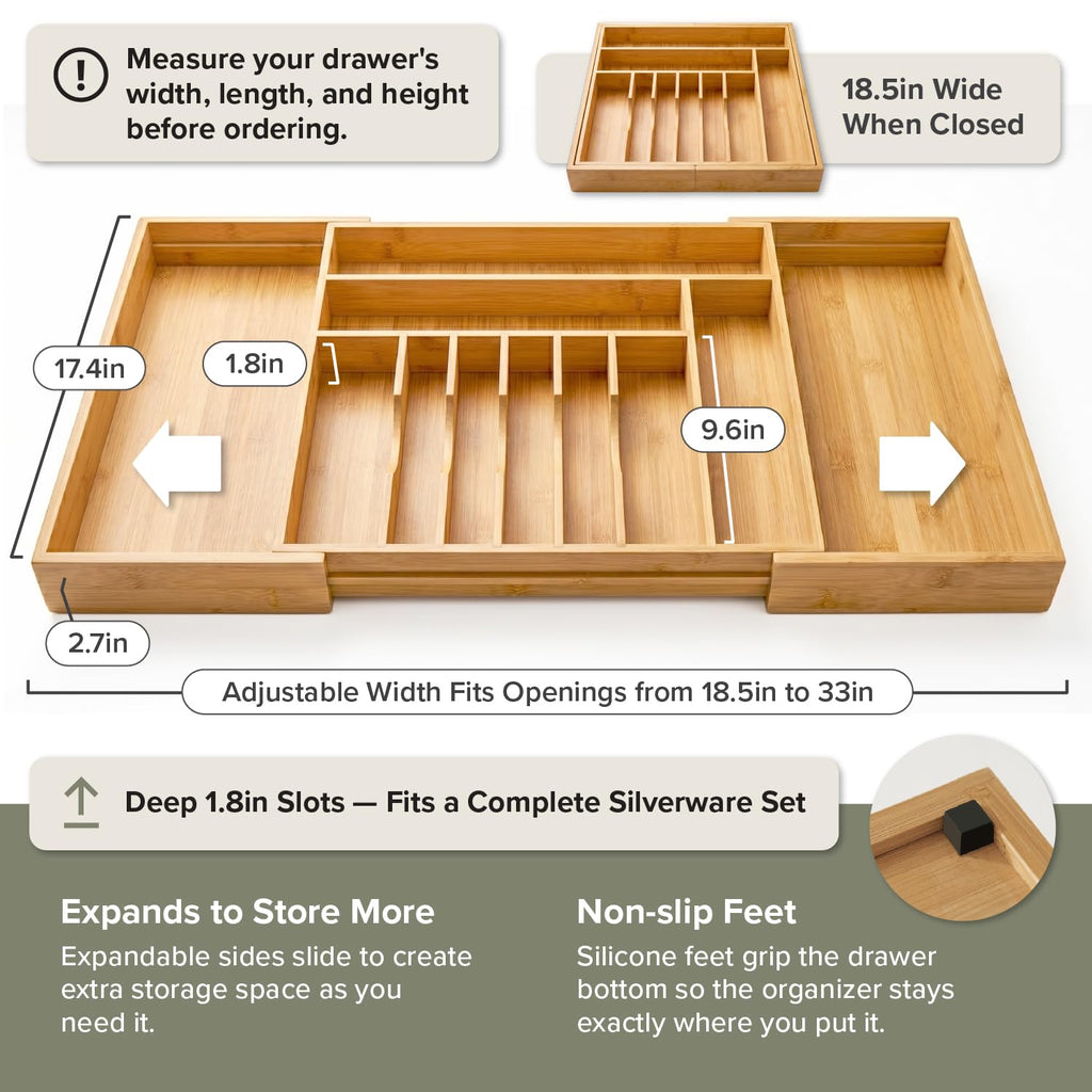 Silverware & Utensil Drawer Organizer, 18.5-33 in, Bamboo