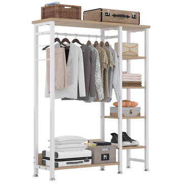 Open Garment Clothing Rack, Free-Standing Heavy Duty Storage Closet with 5 Shelves and Hanging Rod for Small Spaces