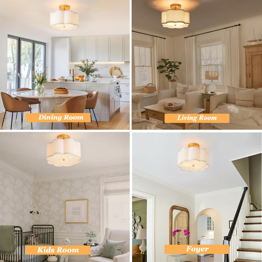 Semi Flush Mount Ceiling Light, 13 inch Petal Shade Gold Fixture