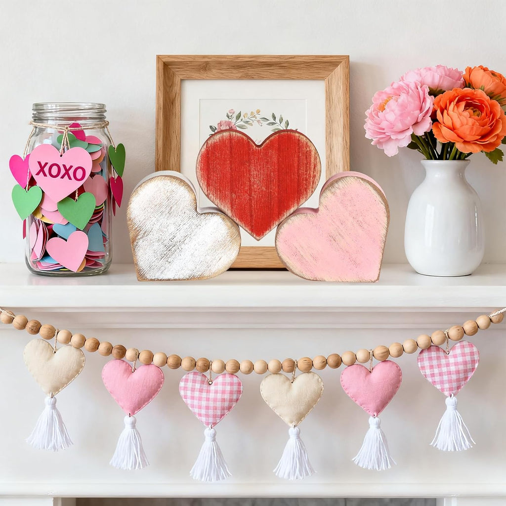 Wooden Valentine's Day Hearts Decorations Indoor, Wood Heart Blocks Tiered Tray Decor, Red Pink White - Set of 6