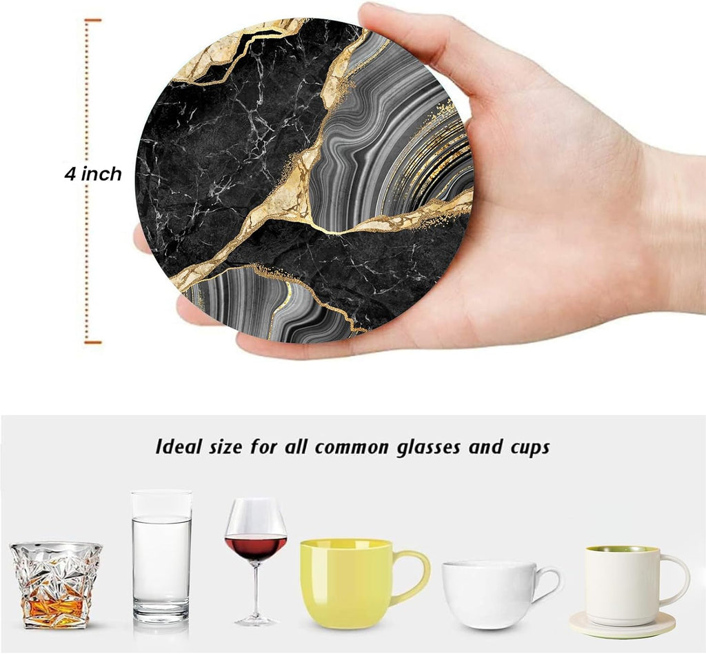 Black and Gold Coasters for Drinks,Round Absorbent Ceramic Stone Coaster with Metal Holder Stand,Black Gold - Set of 6