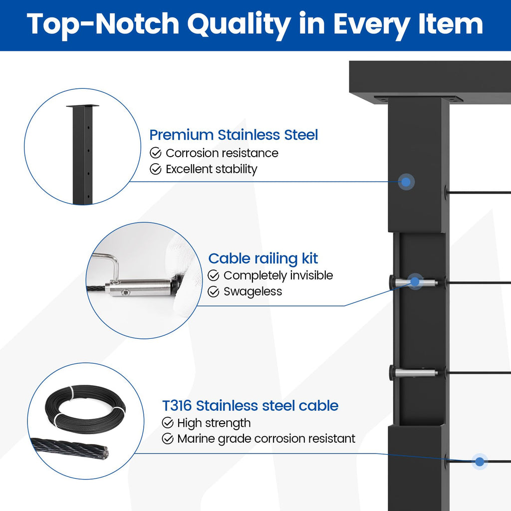 12-16ft Modular Cable Railing Kit for Deck Surface Mount 36in RW17