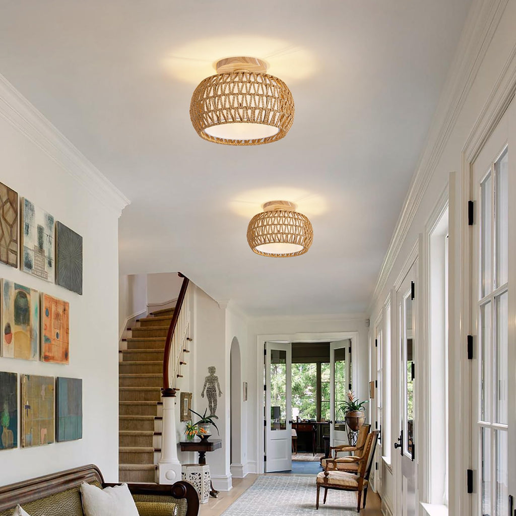 Rattan Boho Flush Mount Ceiling Light - 12′′ Bohemian Wicker Light Fixtures