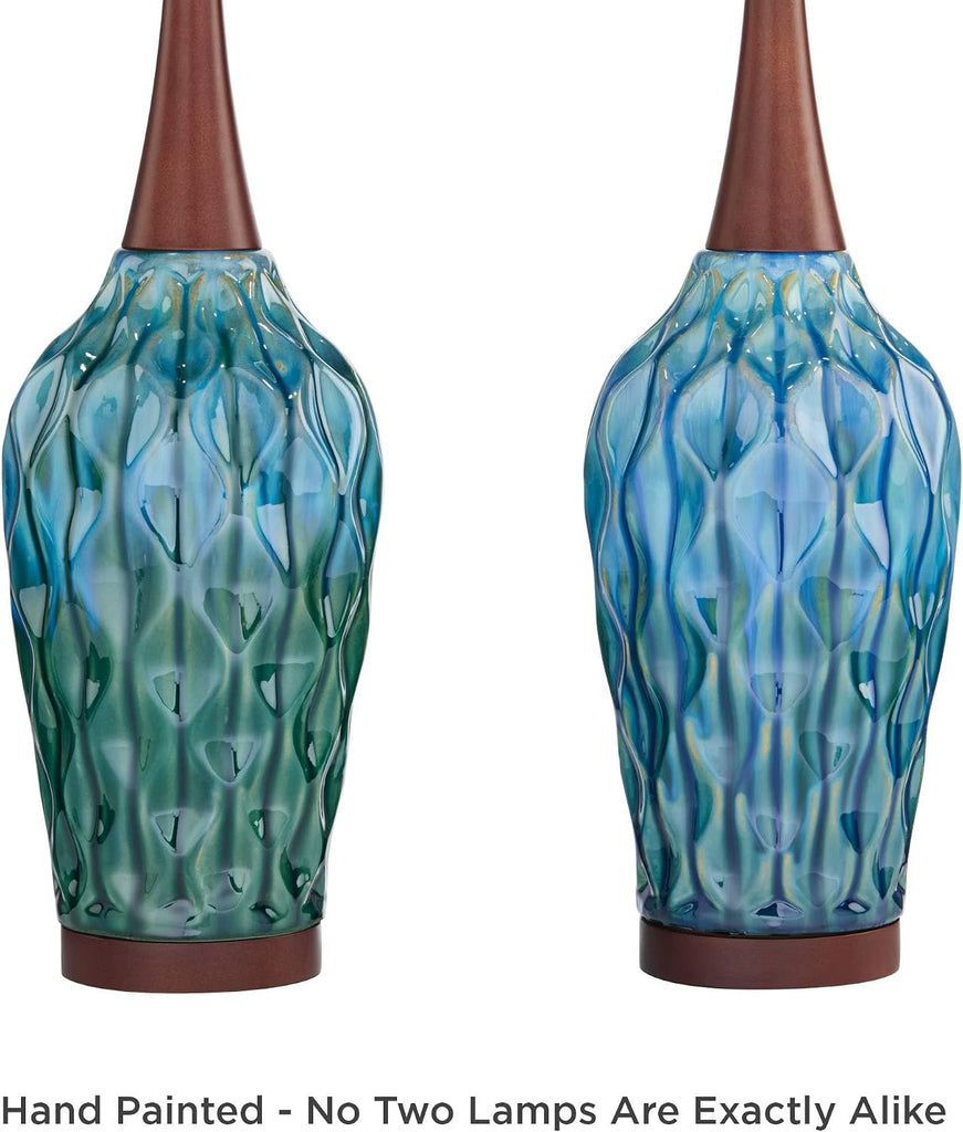 Rocco Mid Century Modern Table Lamp 30" Tall Ceramic Blue Teal Glaze Wood Handmade Linen Drum Shade Cottage Core Decor