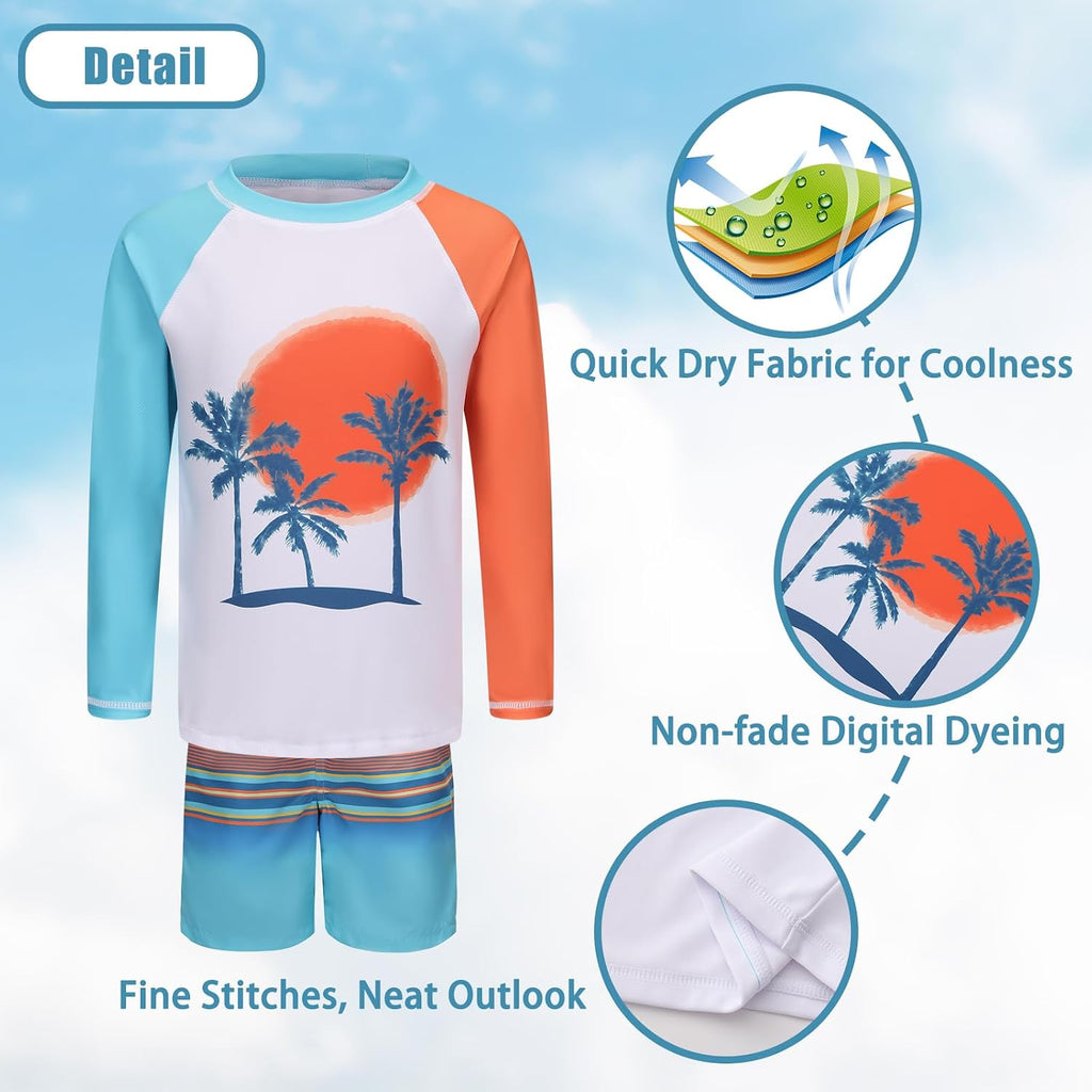 Boys Two Piece Rash Guard Swimsuits Set with Swim Trunk Kids Long Sleeve Bathing Suit Swimwear Set