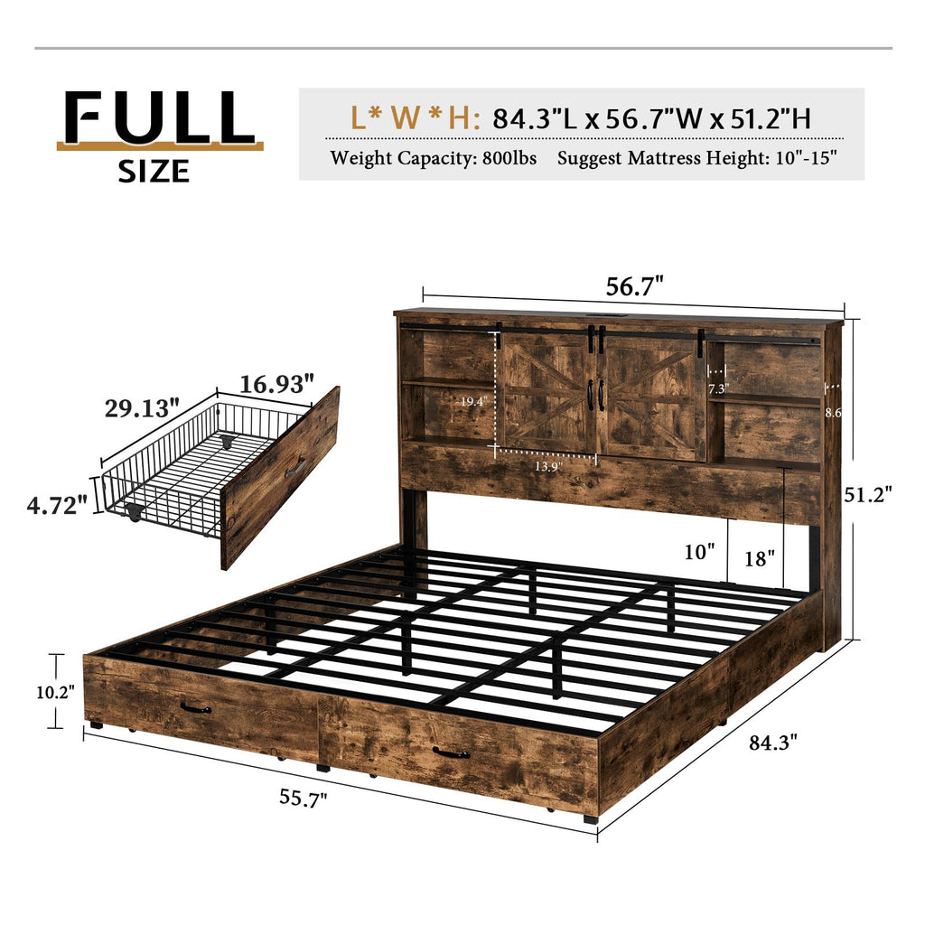 Bed Frame, Wooden Platform Storage Bed with 51.2" Bookcase Headboard, 2 Drawers, Charging Station/No Box
