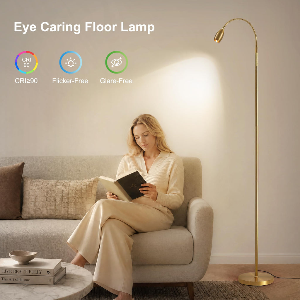 72" Reading Floor Lamp, Gooseneck LED Lamp with Zoomable Spotlight, Gold