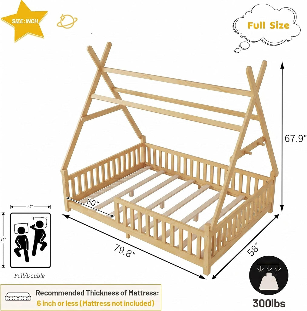 Full Tent-Shaped Bed for Kids with LED Light, Teepee Floor Bed with Guardrails, Wooden Montessori Bed Frame