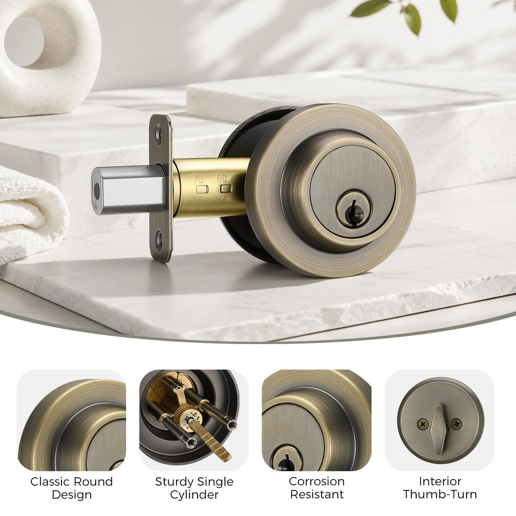 Single Cylinder Round Deadbolt Lock(1 Pack, Antique Brass)