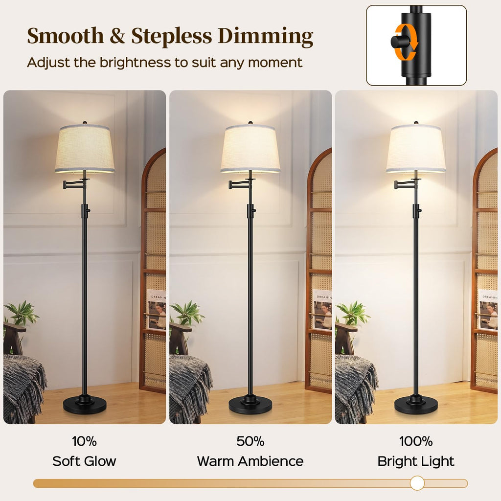 Dimmable Floor Lamp with 350° Swing Arm, 9w Bulb Included, Matte Black