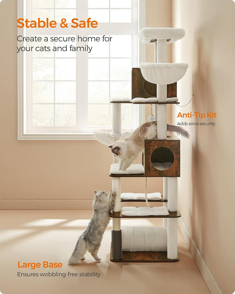 Cat Tree, 75.6-Inch Multi-Level Condo with 2 Caves, 2 Hammocks