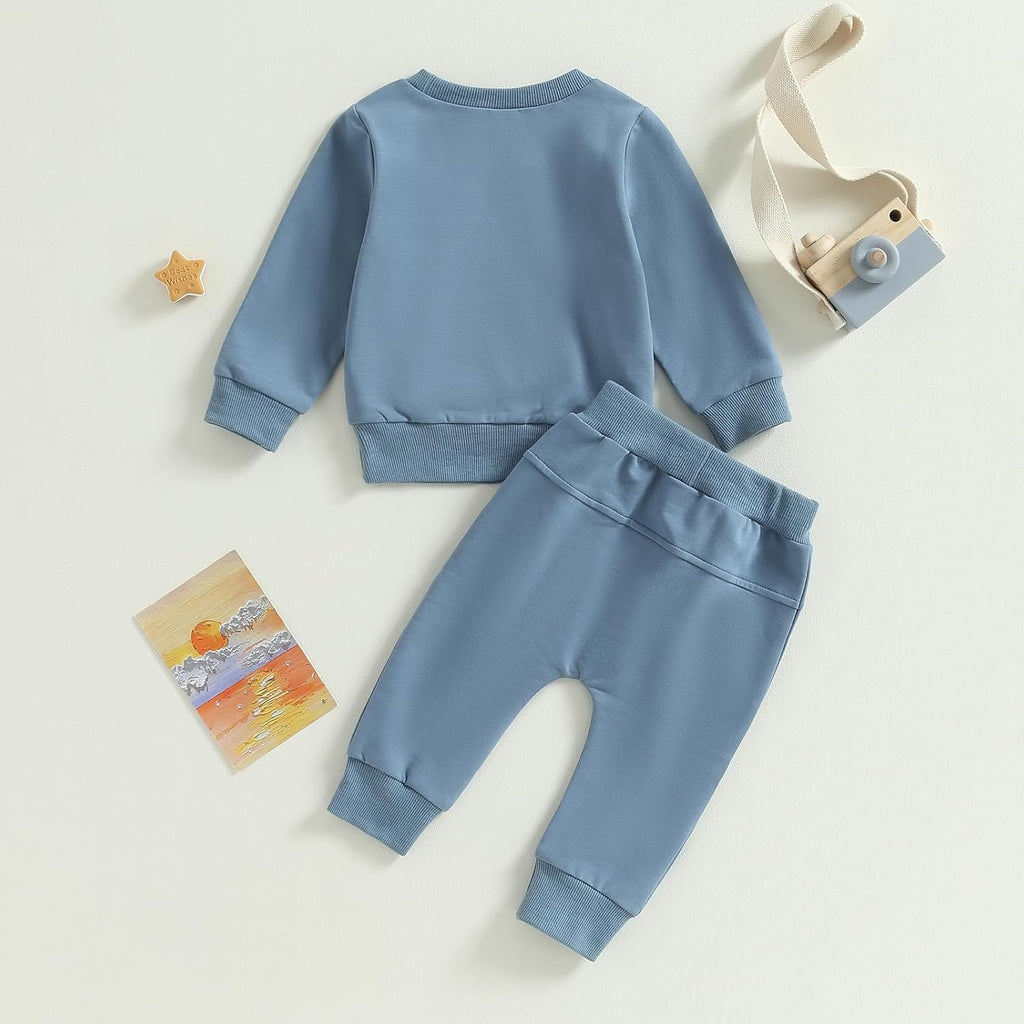 Toddler Baby Boys Fall Outfits Long Sleeve Pull On Sweatshirt Elastic Waist Pants 2Pcs Solid Clothes Set