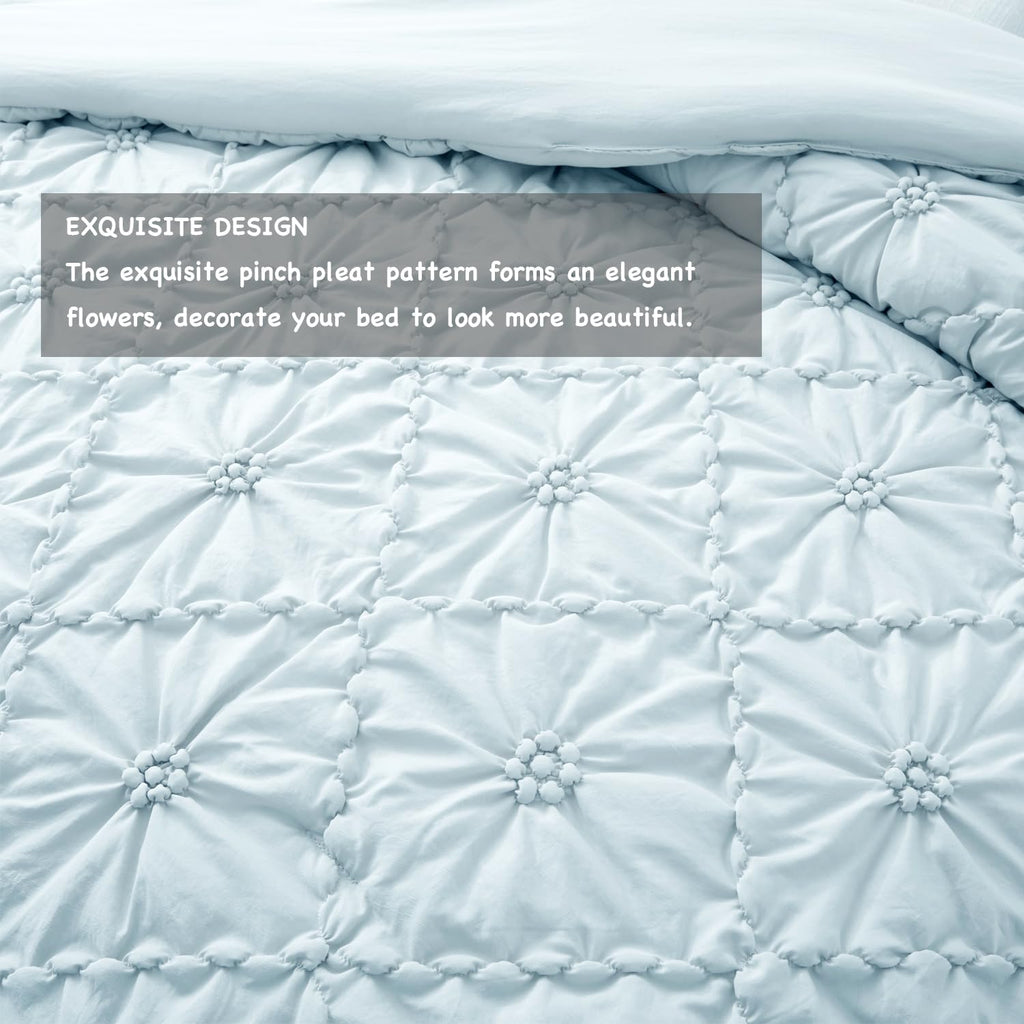 Comforter Set, Cornflower Blue Pinch Pleat Ruffle, 3 Pieces