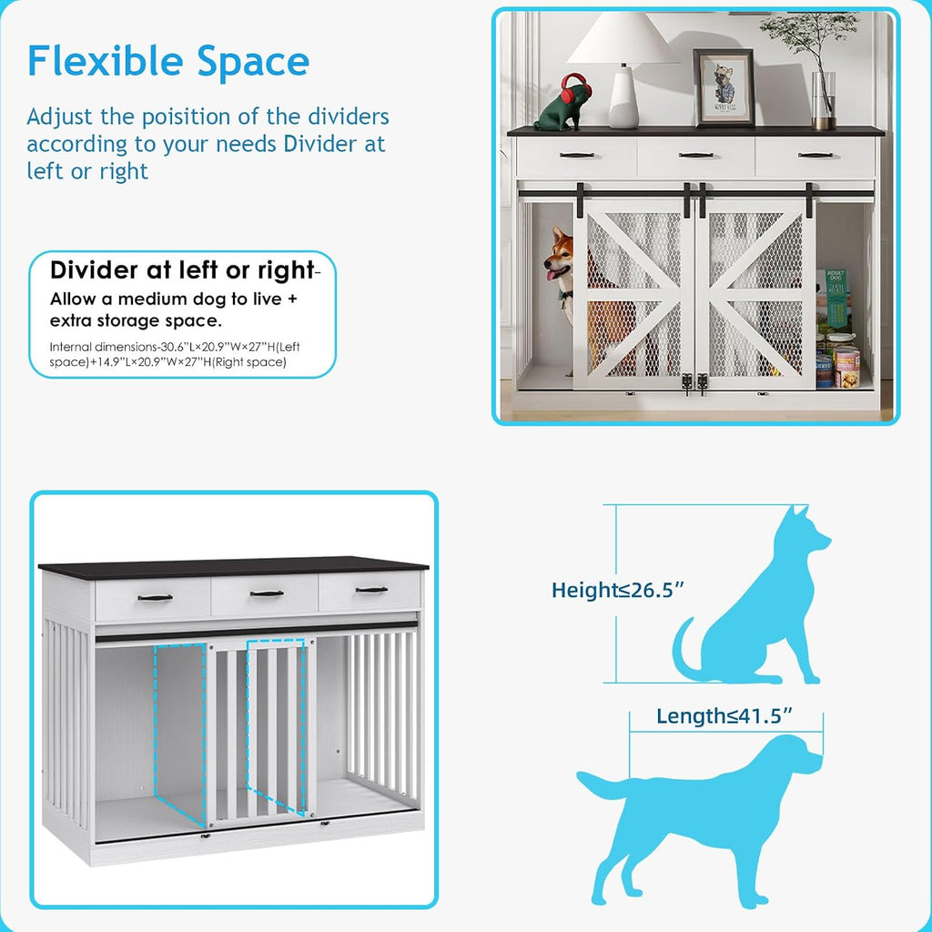 Dog Crate Furniture with Sliding Barn Door & 3 Storage Drawers